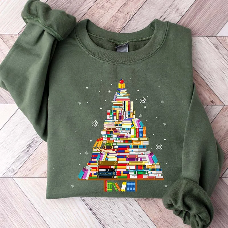 White sweatshirts with cable knit -Book Tree Christmas Bookworm Sweatshirt