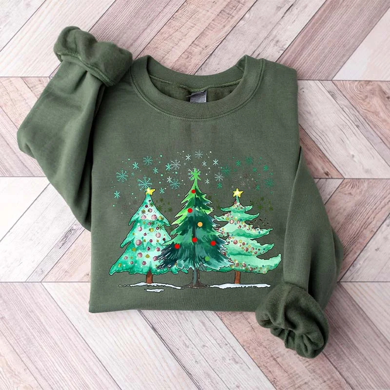 Sweatshirts with side tie -Christmas Tree Snow Winter Sweatshirt