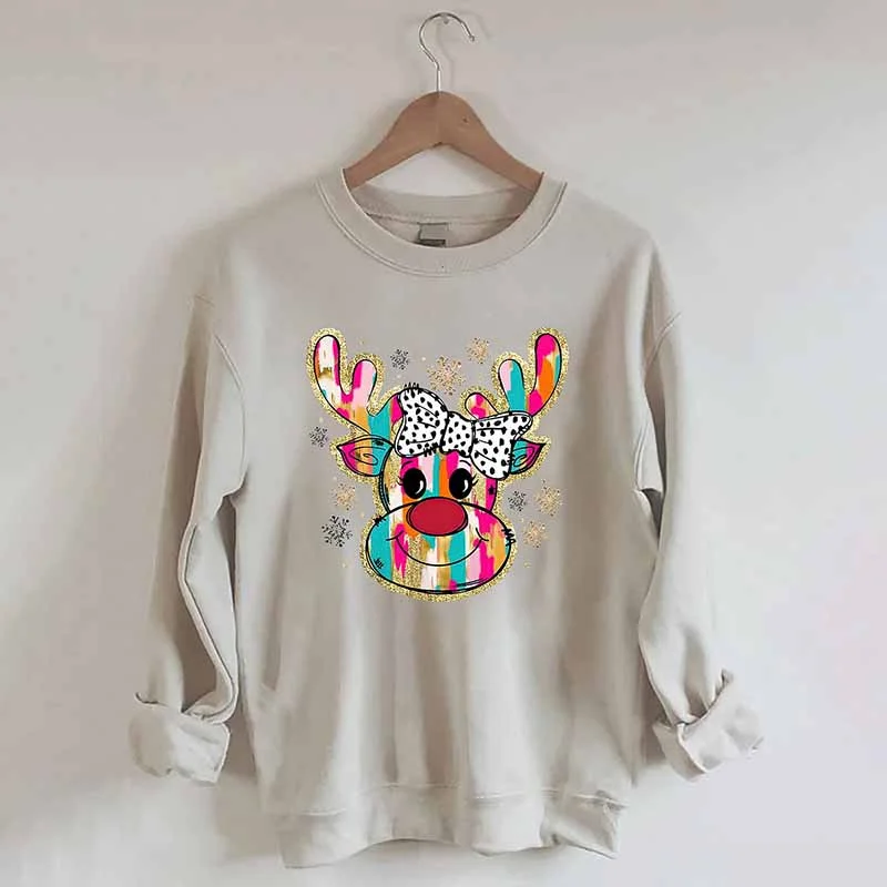 Sweatshirts with silver buttons -Colorful Glitter Christmas Reindeer Sweatshirt