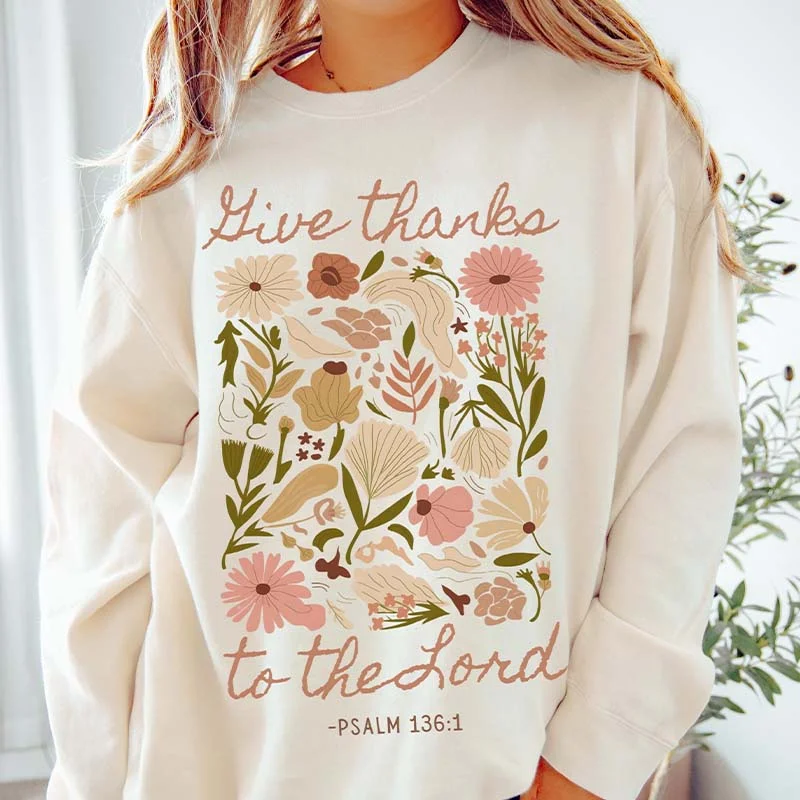 Brown sweatshirts for autumn -Boho Religious Thanksgiving Floral Trendy Sweatshirt