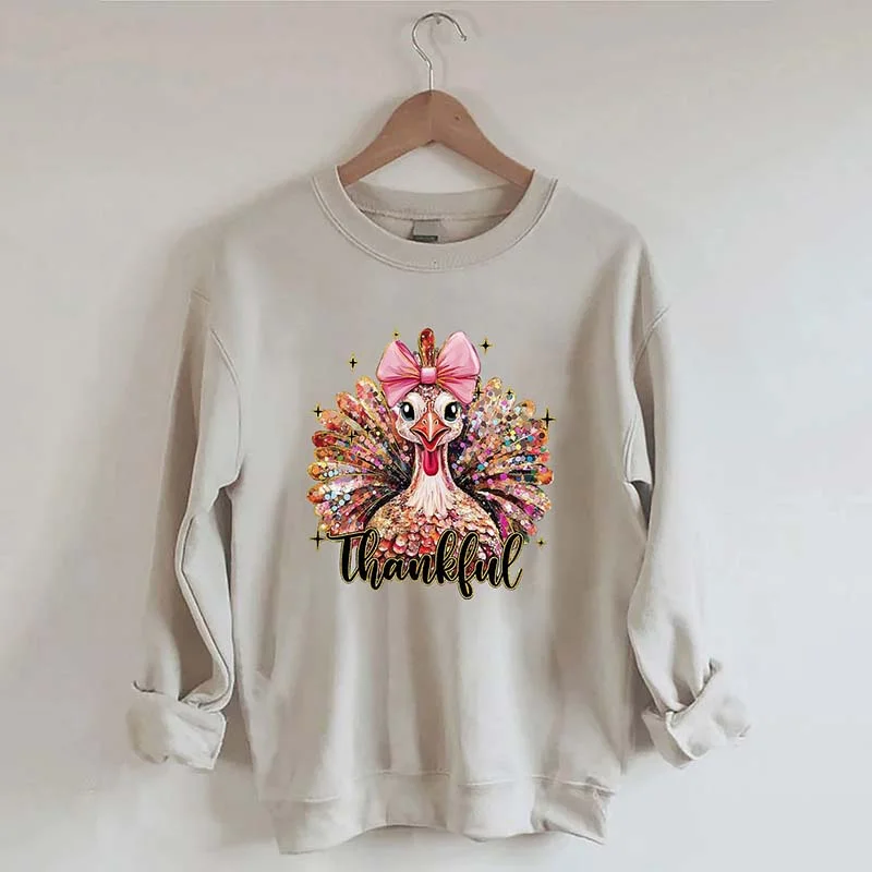 Green sweatshirts for outdoor wear -Colorful Glitter Turkey Sweatshirt