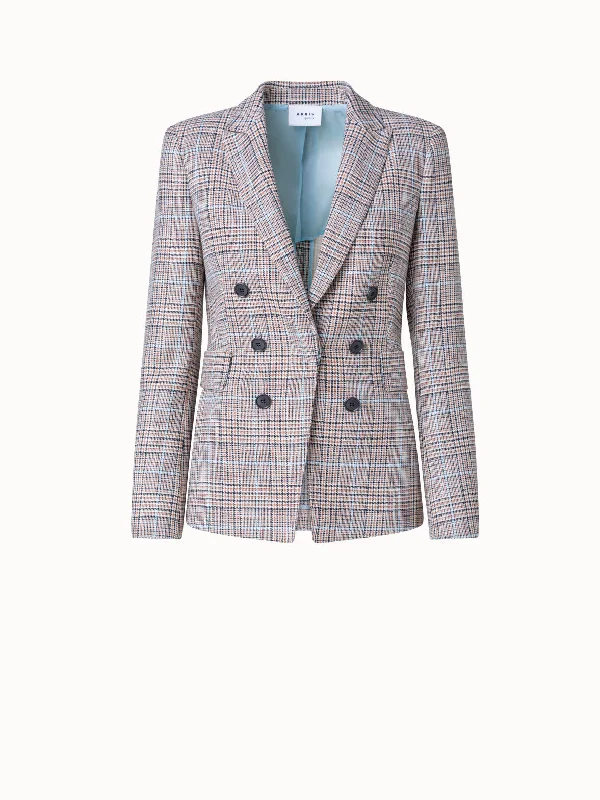 Soft jacket for spring style -Checked Viscose Stretch Blend Faux Double-Breast Jacket