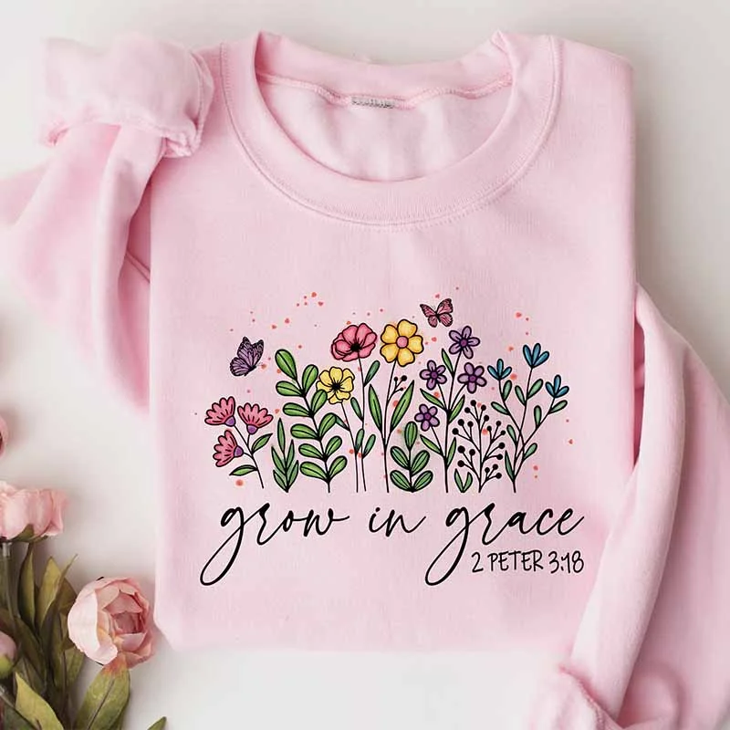 Sweatshirts with cloud design -Grow In Grace Religious Wildflowers Sweatshirt