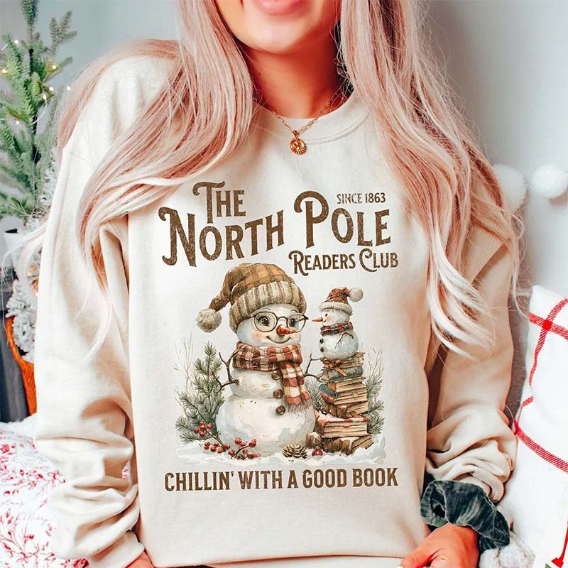 Black sweatshirts for casual outfits -North Pole Book Club Snowman Sweatshirt