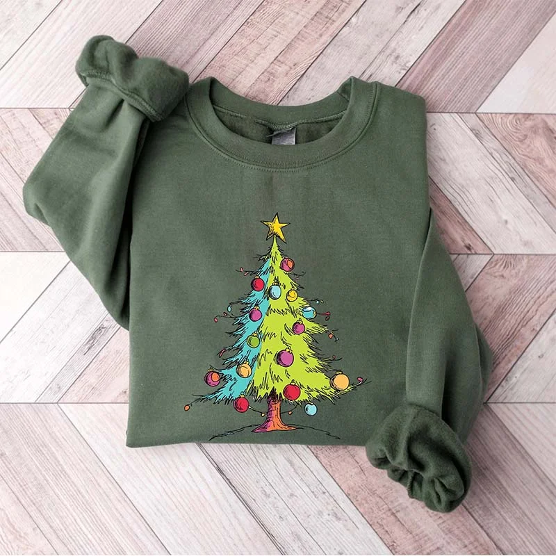 Sweatshirts with brass buttons -Christmas Tree Trendy Holiday Sweatshirt