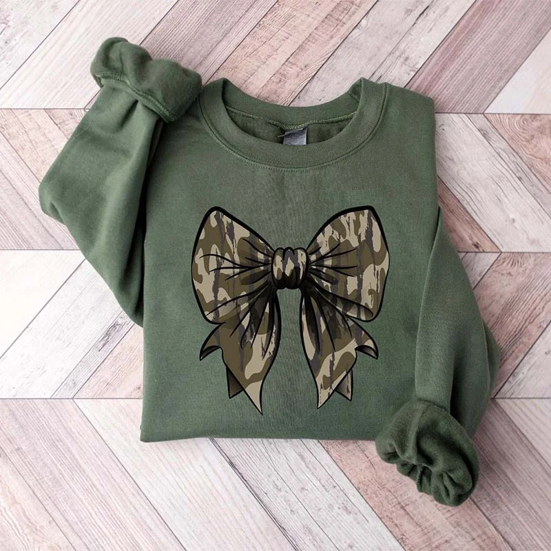 Sweatshirts with velour texture -Hunting Camo Bow Sweatshirt