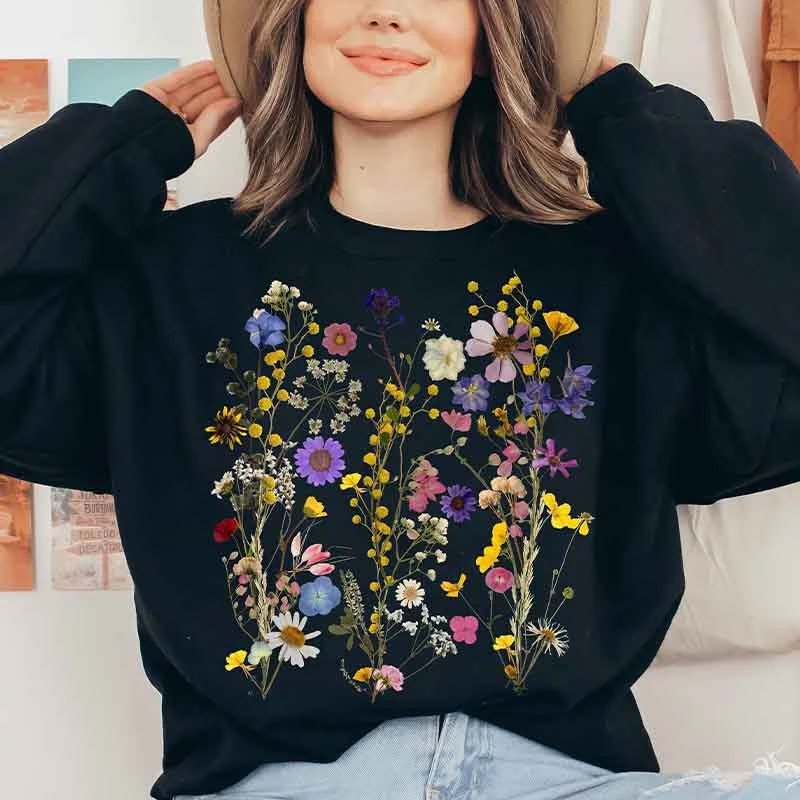 Green sweatshirts for outdoor wear -Pressed Flowers Vintage Floral Nature Sweatshirt