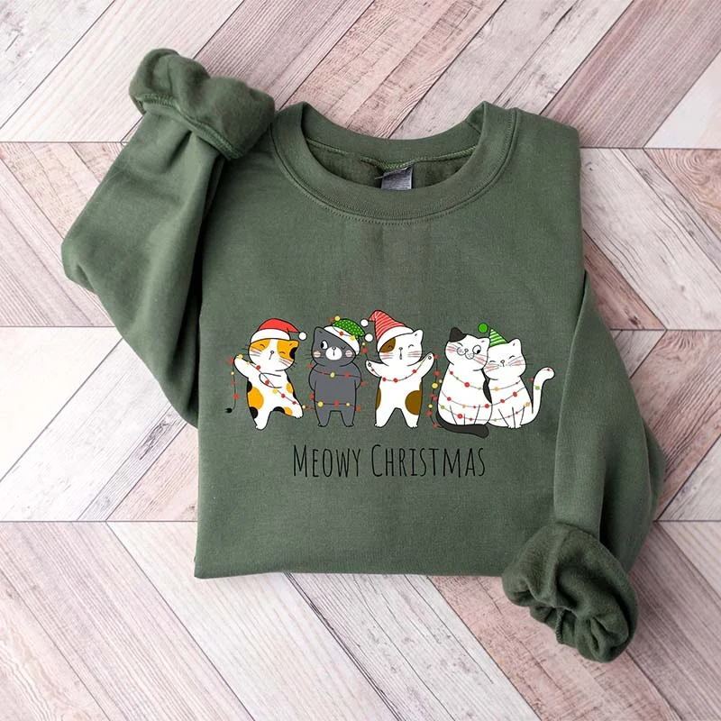 Sweatshirts with brass buttons -Meowy Christmas Happy Cat Year Sweatshirt