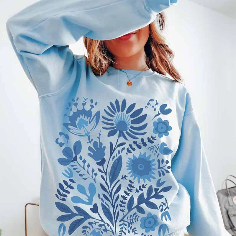 Blue sweatshirts with fuzzy feel -Blue Wildflowers Folk Art Wild Flower Sweatshirt