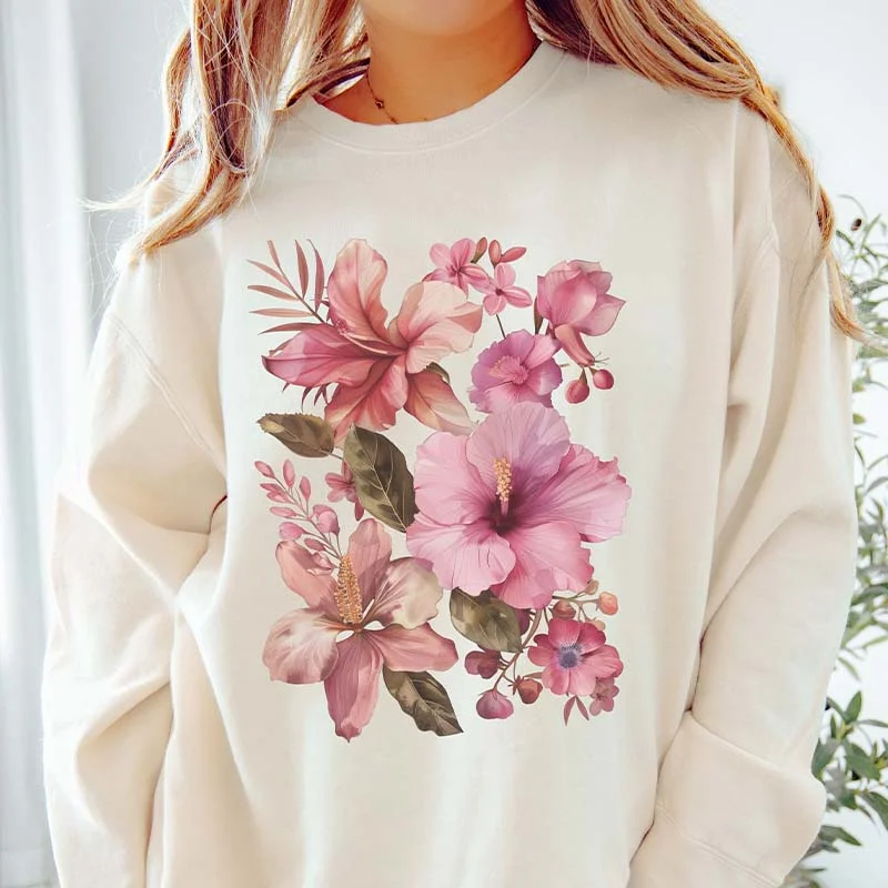 White sweatshirts with button front -Retro Summer Flowers Lightweight Sweatshirt