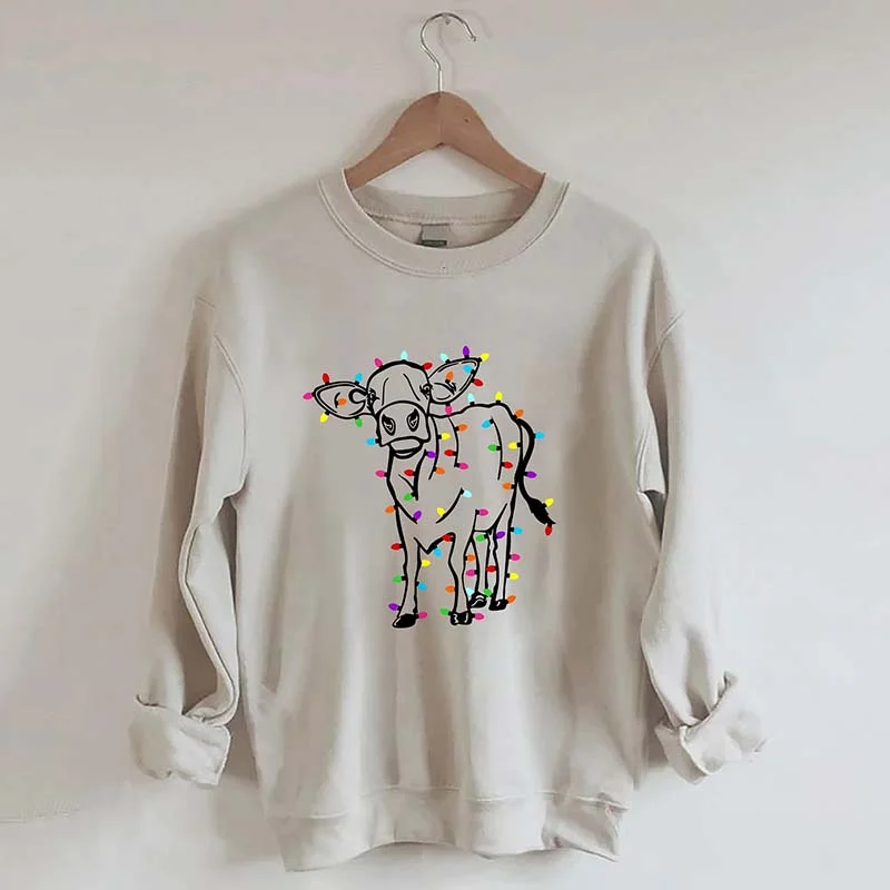 Sweatshirts with fuzzy hem -Cute Cow Christmas Lights Sweatshirt