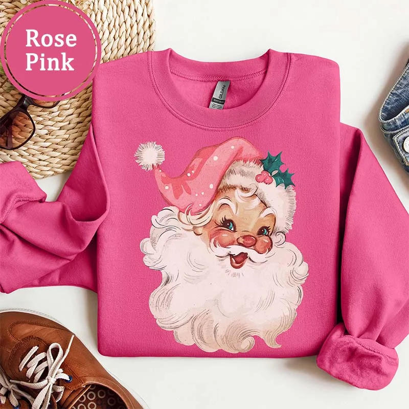 Sweatshirts with zigzag print -Pink Santa Retro Christmas Family Sweatshirt