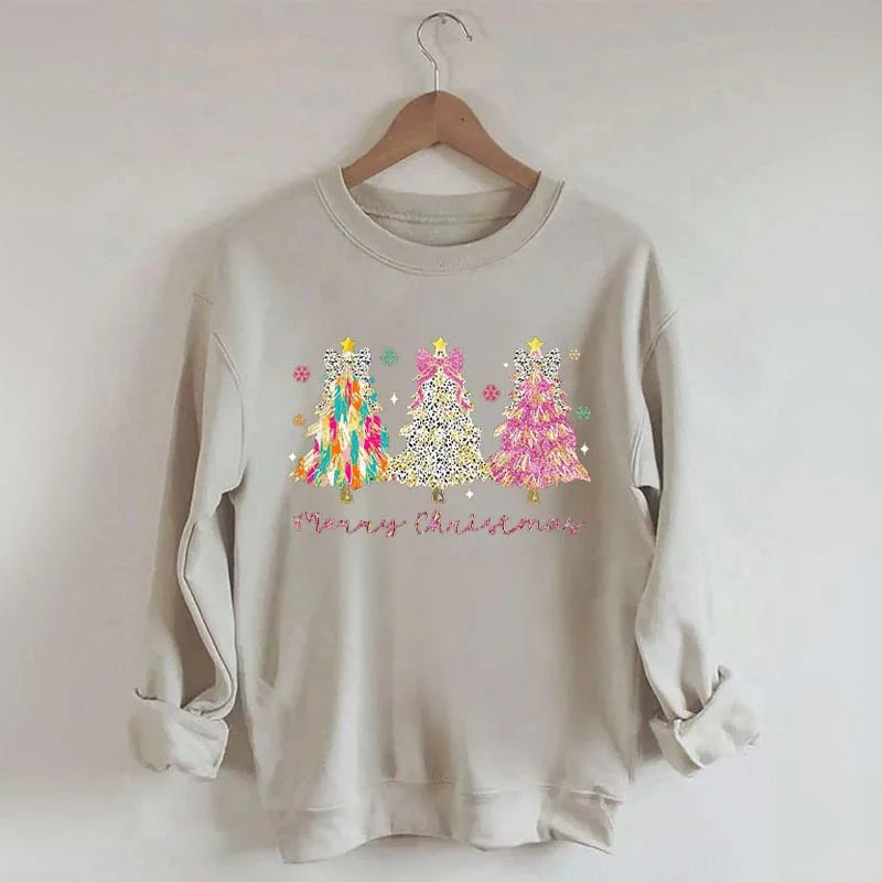 Sweatshirts with grid print -Colorful Glitter Christmas Tree Fall Sweatshirt