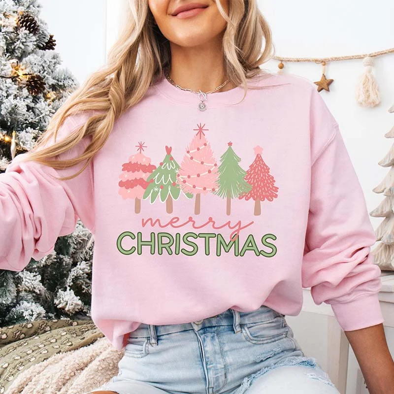 Green sweatshirts for everyday wear -Cute Pink Tree Christmas Sweatshirt