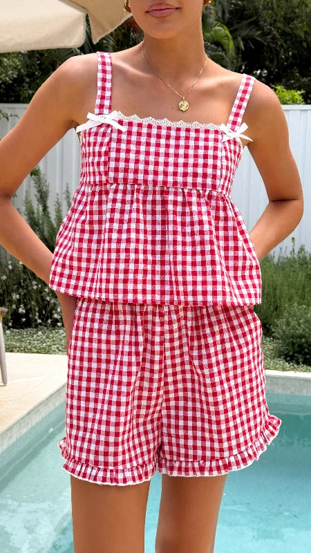 neon swim shorts -Elise Ribbon Top and Shorts Set - Red Gingham