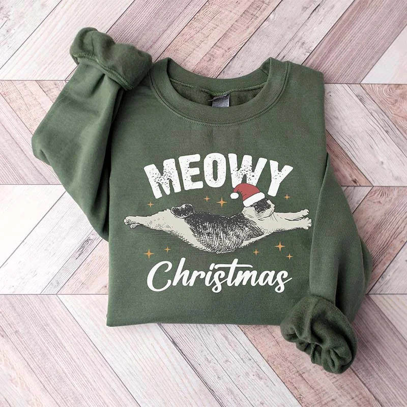 Sweatshirts with loose collar -Meowy Christmas Cat Mom Sweatshirt