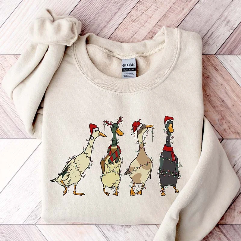 Sweatshirts with fitted hem -Christmas Santa Duck Animal Sweatshirt