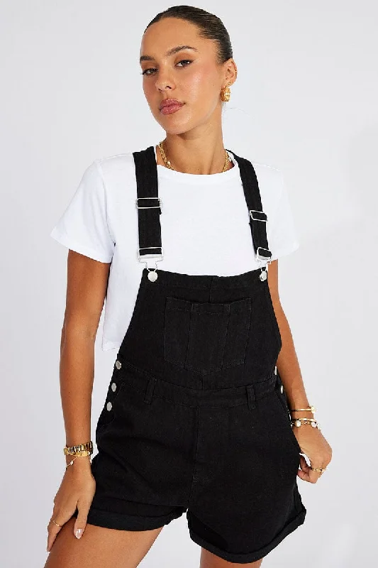 kids twill shorts -Black Short Denim Overalls