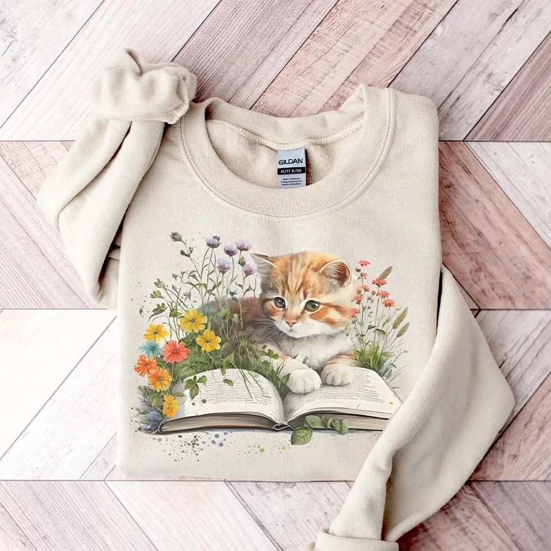 Gray sweatshirts for winter days -Book Lover And Cat Floral Sweatshirt