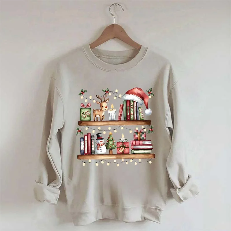 Sweatshirts with grid design -Christmas Bookshelf Book Lover Club Sweatshirt