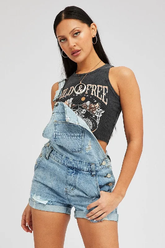 loose linen shorts -Denim Short Overalls Ripped