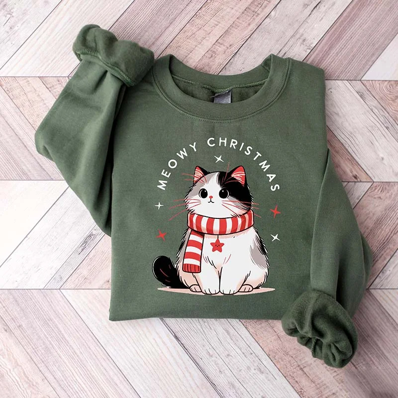 Sweatshirts with ribbed trim -Cat Meowy Christmas Sweatshirt