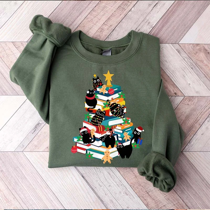 Sweatshirts with leaf pattern -Cute Cats and Books Christmas Tree Sweatshirt