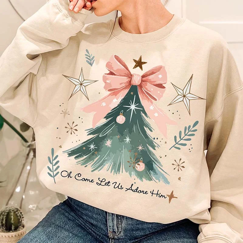 Sweatshirts with fuzzy cuffs -Oh Come Let Us Adore Him Bow Christmas Tree Sweatshirt