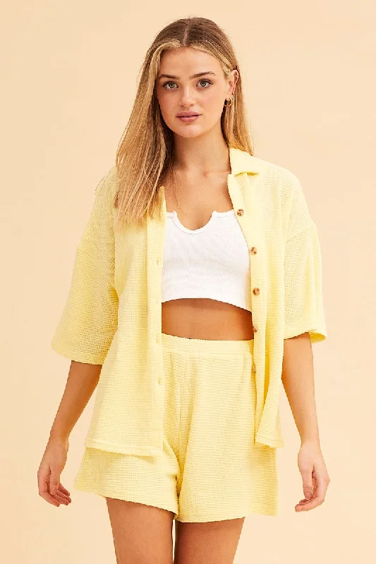 long hiking shorts -Yellow Lounge Shorts Waffle Texture Pull On