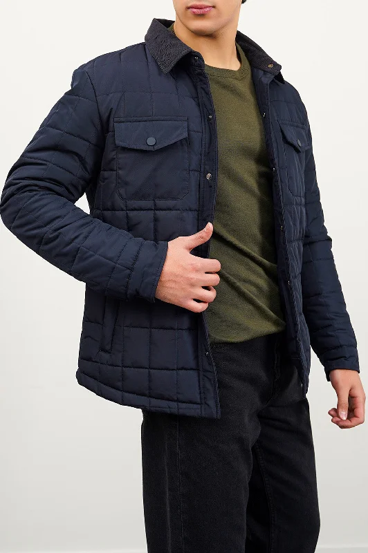 Green jacket for fall days -QUILTED SHACKET WITH CORDUROY COLLAR