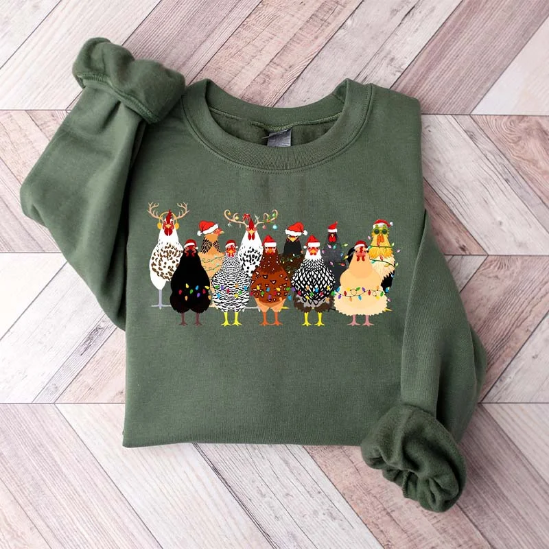 Green sweatshirts for springtime -Cute Christmas Chickens Farm Animals Sweatshirt