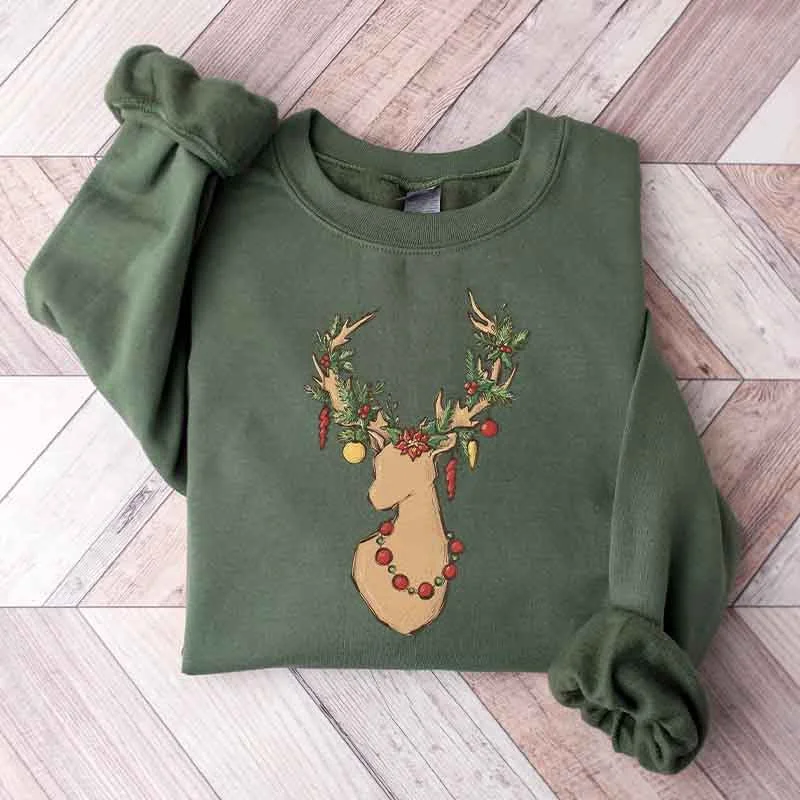 Brown sweatshirts for autumn -Christmas Deer Cozy Holiday Reindeer Sweatshirt