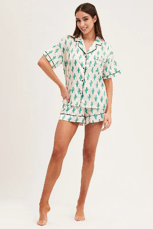 graphic linen shorts -Print Short Sleeve Top & Shorts Satin Pj Set