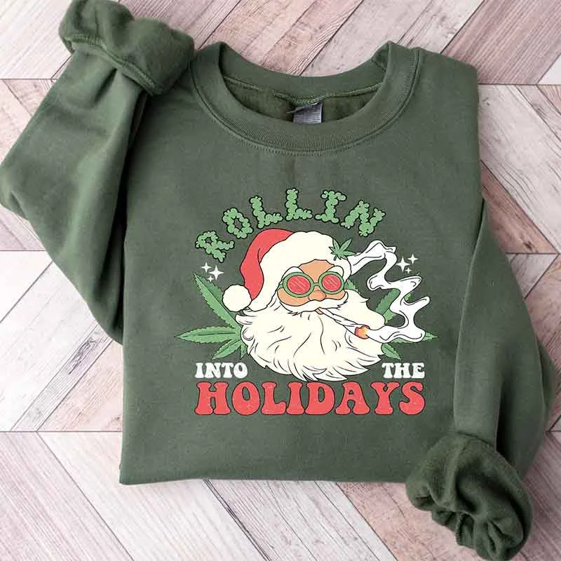 Navy sweatshirts for casual days -Rollin into the Holidays Santa Sweatshirt