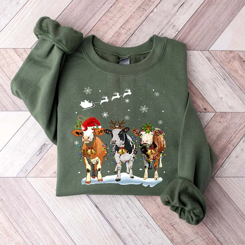 Sweatshirts with front pleats -Cow Christmas Lights Ugly Christmas Sweatshirt