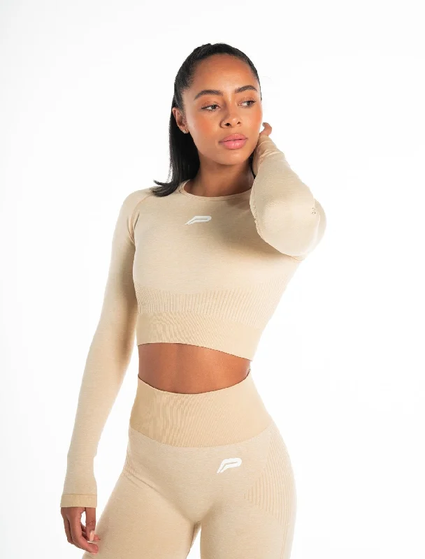 college t-shirts student pride -ADAPT Seamless Long Sleeve Crop Top - Marl Beige