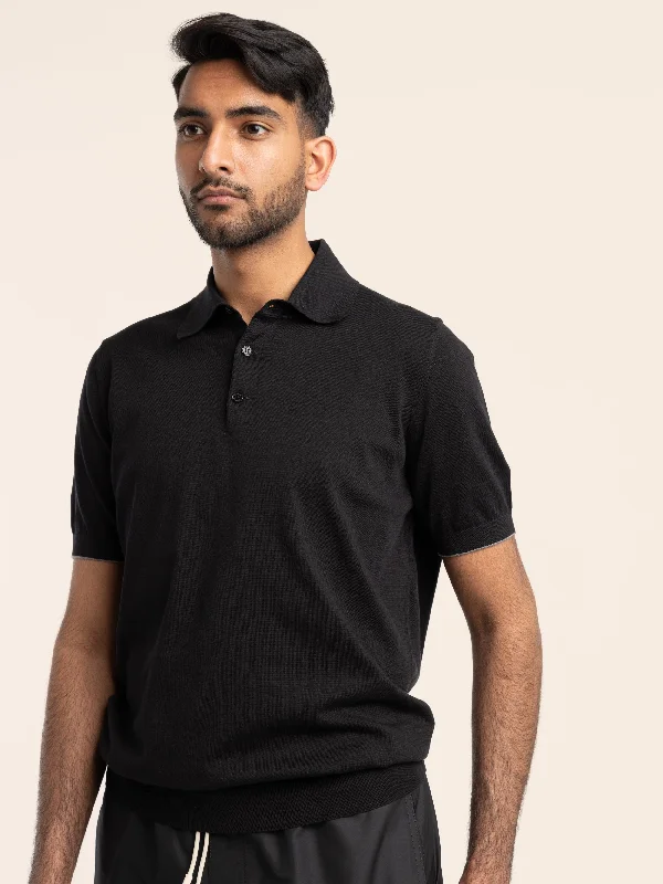 boho casual t-shirts -Black Cotton Lightweight Knit Polo