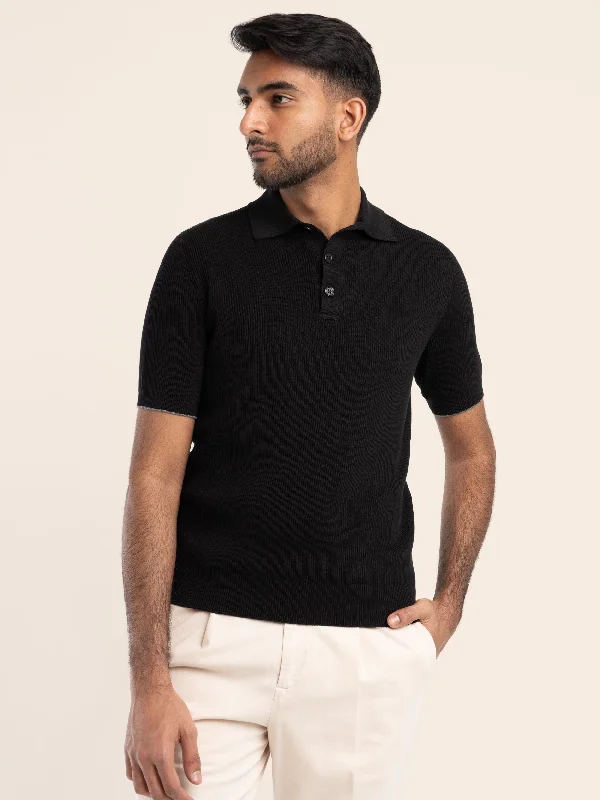 minimalist graphic t-shirts -Black Ribbed Cotton Polo Shirt