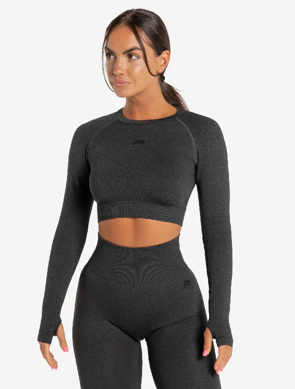 street trendy t-shirts -Core Seamless Long Sleeve Crop Top - Black Marl