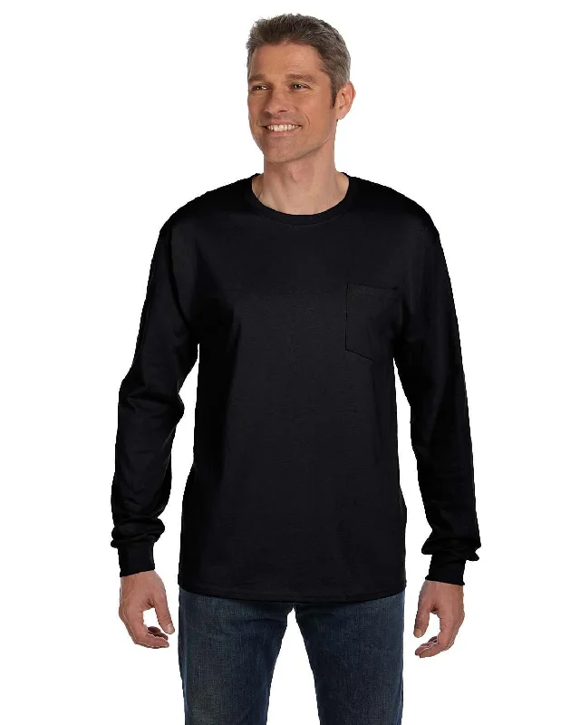 neon t-shirts bright color -Hanes Tagless Long Sleeve Pocket T-Shirt | Black