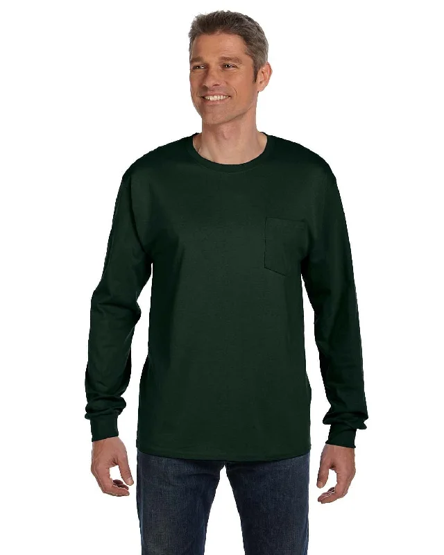 crew neck t-shirts pack -Hanes Tagless Long Sleeve Pocket T-Shirt | Deep Forest