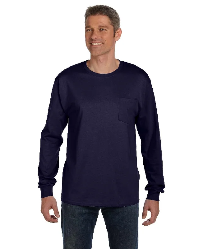 hiking pants quick dry -Hanes Tagless Long Sleeve Pocket T-Shirt | Navy