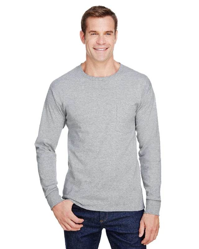 summer street t-shirts -Hanes Workwear Long Sleeve Pocket T-Shirt | Light Steel