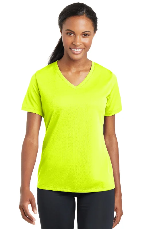 boho basic t-shirts -Sport-Tek Womens RacerMesh Moisture Wicking Short Sleeve V-Neck T-Shirt - Neon Yellow - Closeout