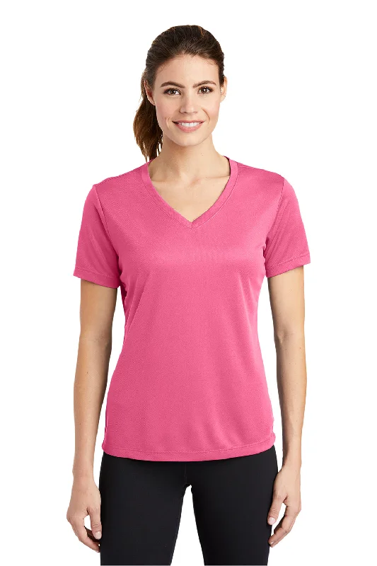 athletic summer t-shirts -Sport-Tek Womens RacerMesh Moisture Wicking Short Sleeve V-Neck T-Shirt - Bright Pink