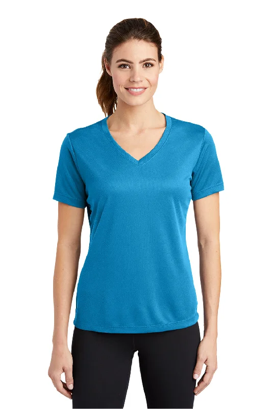 custom printed t-shirts online -Sport-Tek Womens RacerMesh Moisture Wicking Short Sleeve V-Neck T-Shirt - Pond Blue