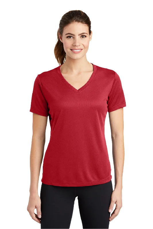 oversized geek t-shirts -Sport-Tek Womens RacerMesh Moisture Wicking Short Sleeve V-Neck T-Shirt - True Red