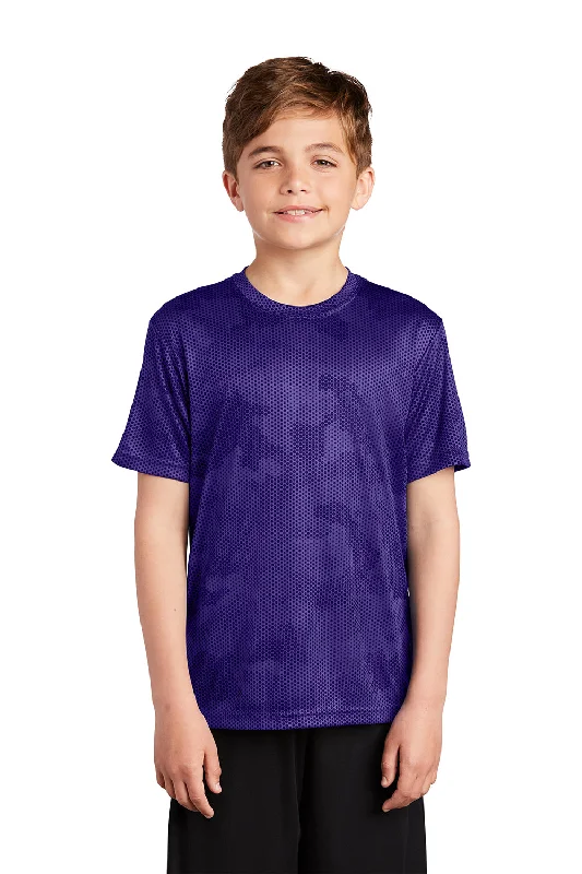 glow in dark t-shirts -Sport-Tek Youth CamoHex Moisture Wicking Short Sleeve Crewneck T-Shirt - Purple