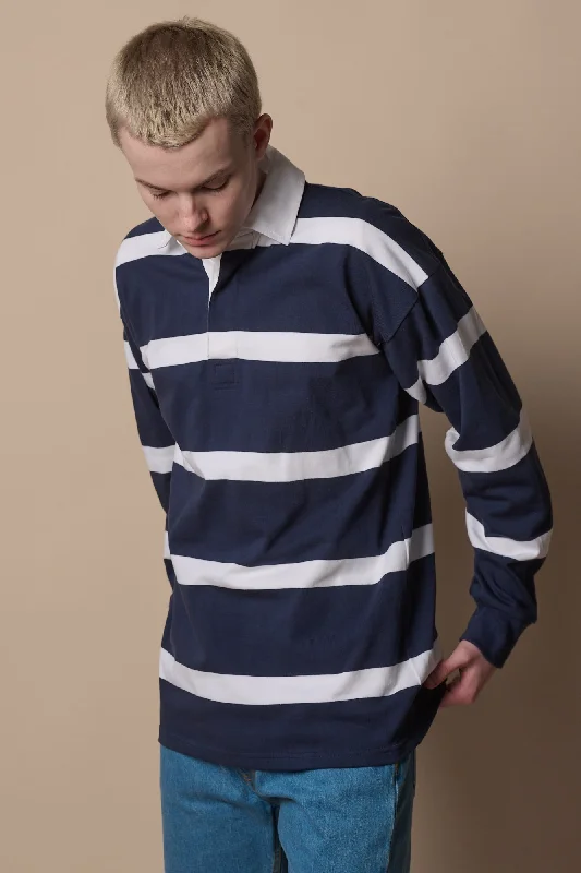 street funny t-shirts -Fine Striped Rugby Shirt - Navy/White