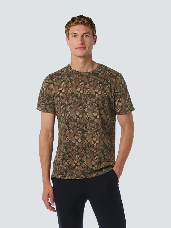 trendy casual t-shirts -No Excess T-shirt with Floral Print for Stylish Casual Looks | Khaki